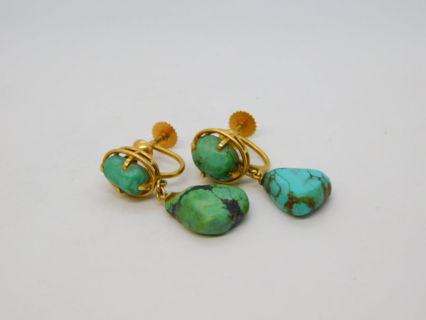 14ct Yellow Gold Raw Turquoise Screw-Back Earrings Antique c1920 Art Deco