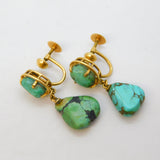 14ct Yellow Gold Raw Turquoise Screw-Back Earrings Antique c1920 Art Deco