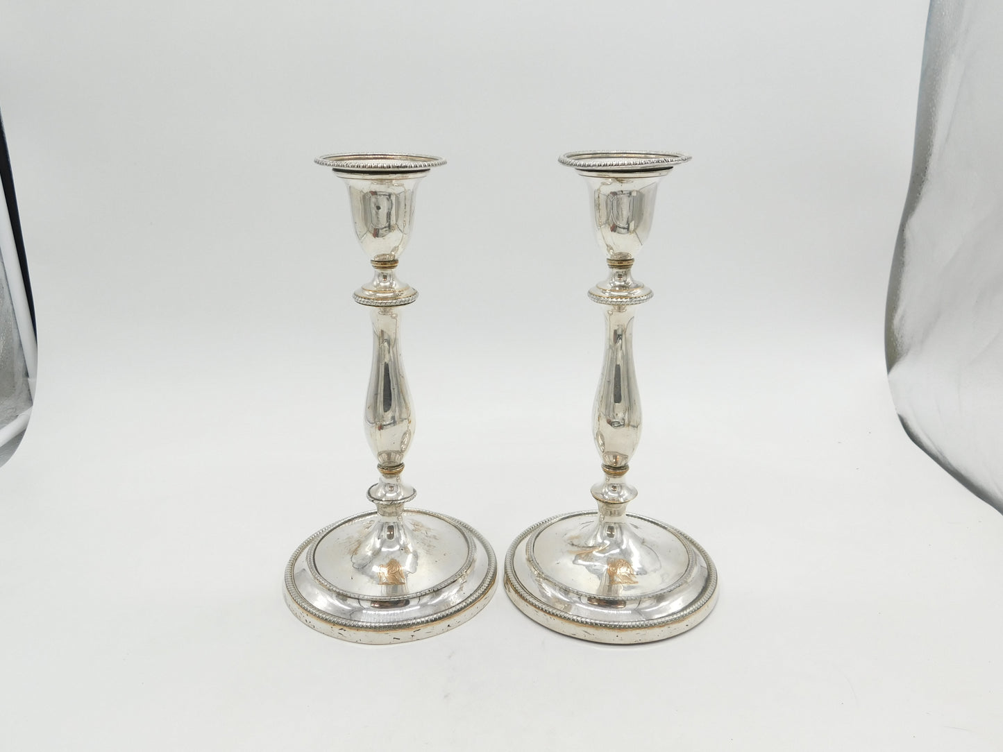 George III Pair Old Sheffield Silver Plated Crested Candlesticks Antique c1820