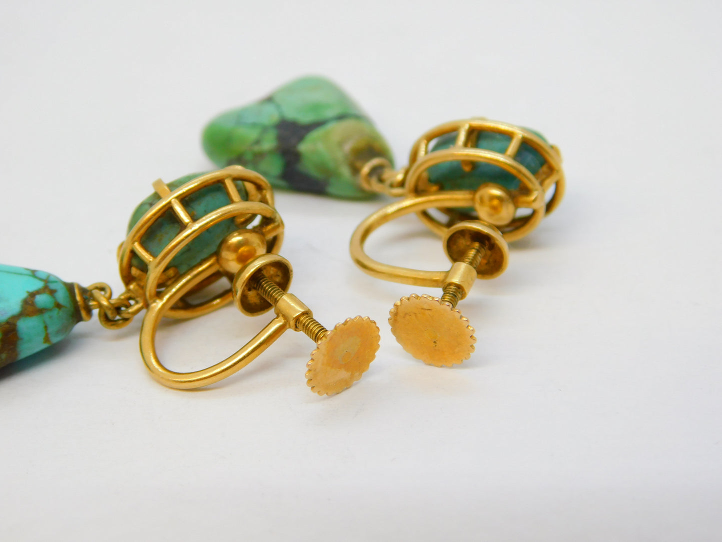 14ct Yellow Gold Raw Turquoise Screw-Back Earrings Antique c1920 Art Deco