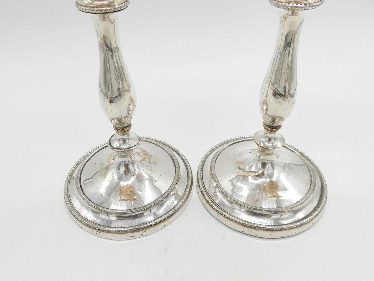 George III Pair Old Sheffield Silver Plated Crested Candlesticks Antique c1820