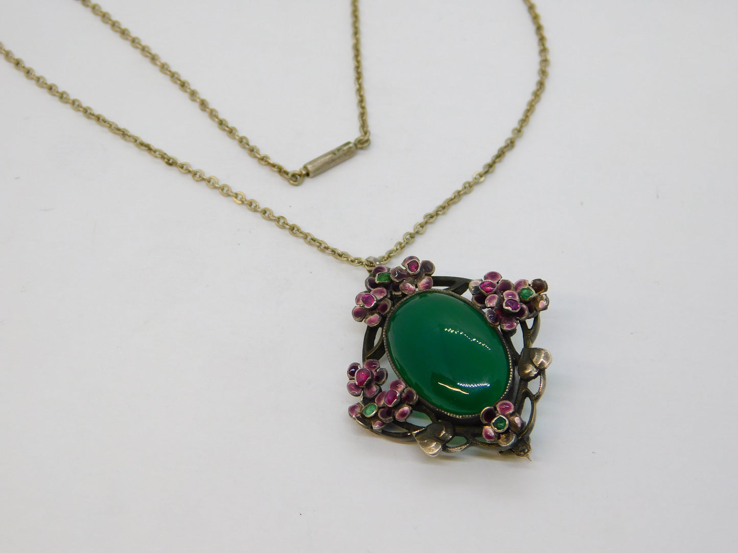 19th Austro-Hungarian Sterling Silver, Ruby, Emerald, Enamel, Jade Pendant Necklace c1890