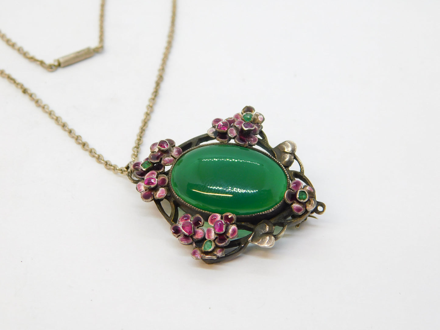 19th Austro-Hungarian Sterling Silver, Ruby, Emerald, Enamel, Jade Pendant Necklace c1890