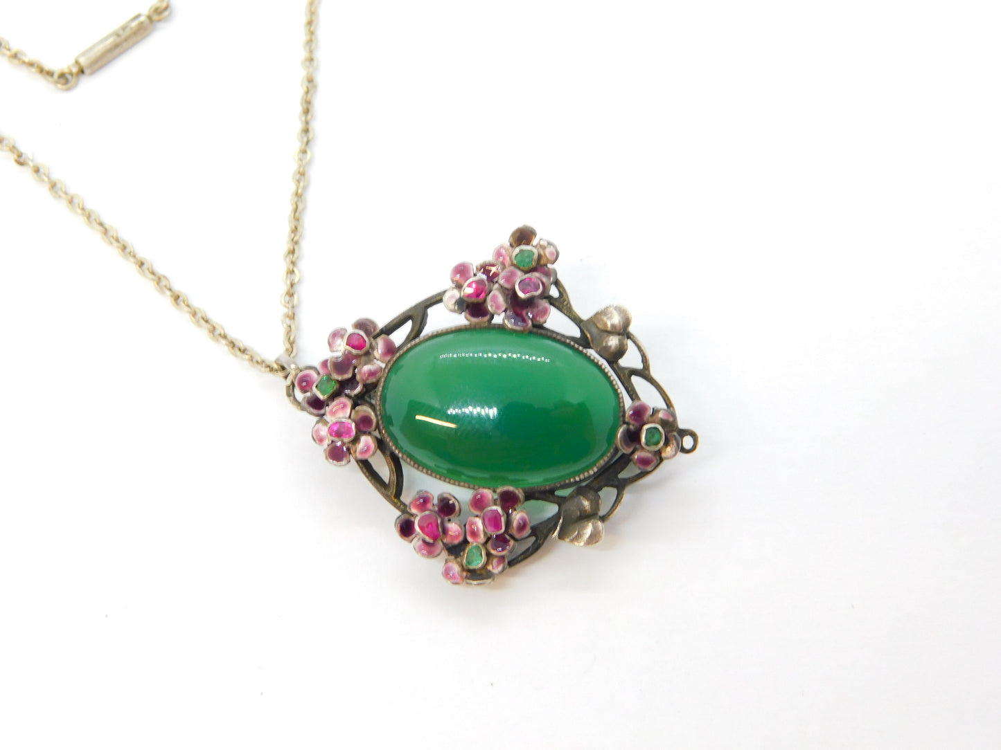 19th Austro-Hungarian Sterling Silver, Ruby, Emerald, Enamel, Jade Pendant Necklace c1890