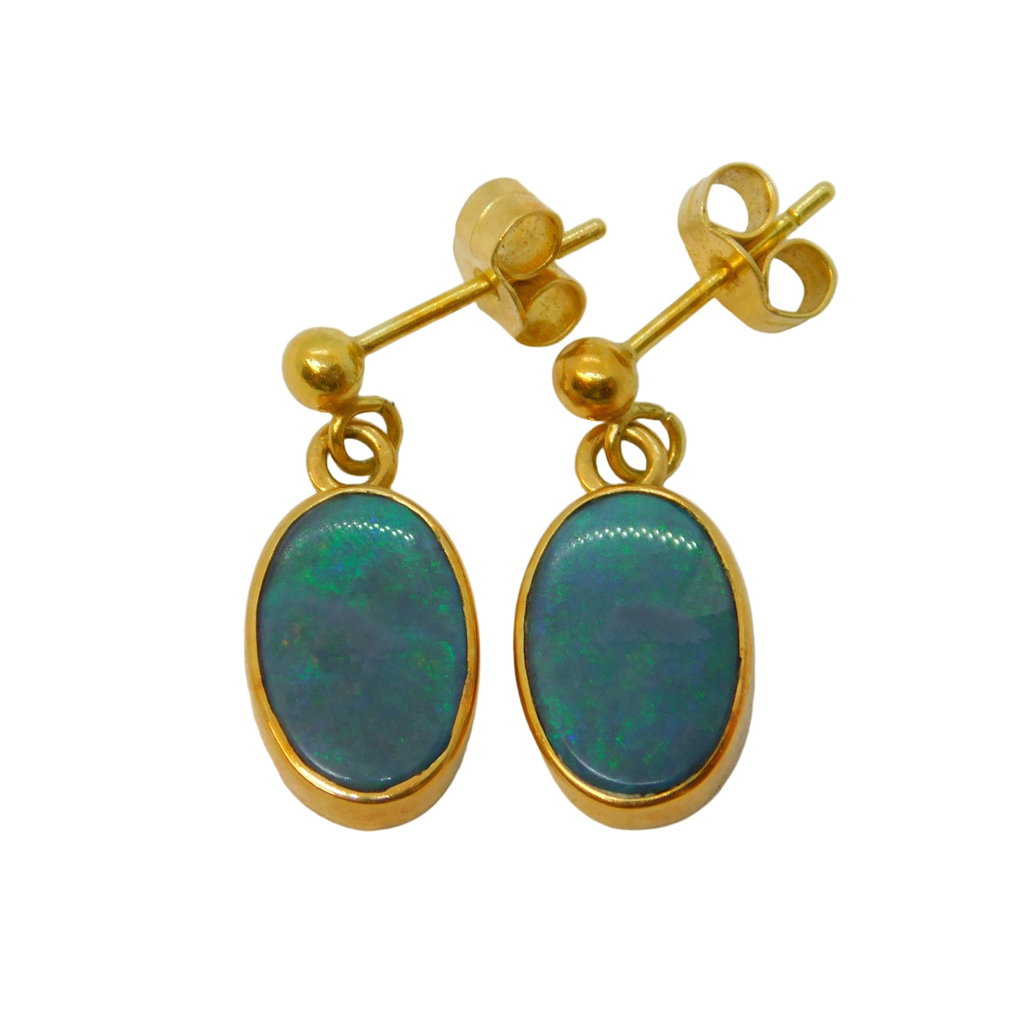 18ct Yellow Gold Mounted Doublet Blue Opal Drop Earrings Vintage 1981 London