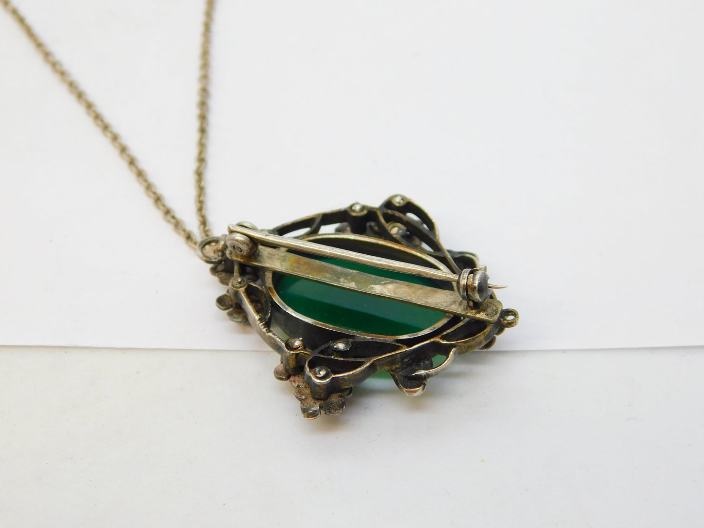19th Austro-Hungarian Sterling Silver, Ruby, Emerald, Enamel, Jade Pendant Necklace c1890