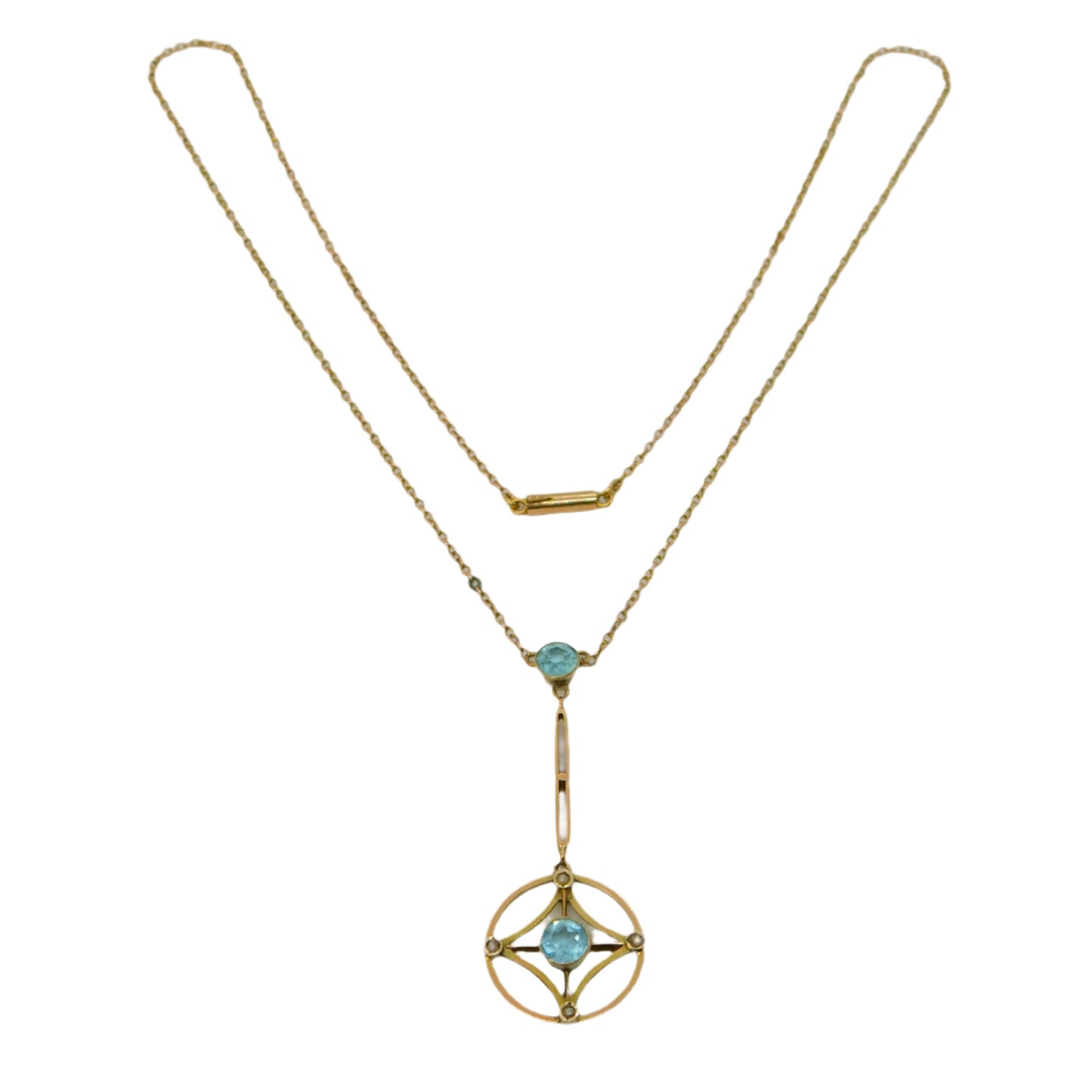 Edwardian 9ct Gold, Seed Pearl & Blue Stone Lavalier Drop Necklace Antique c1910