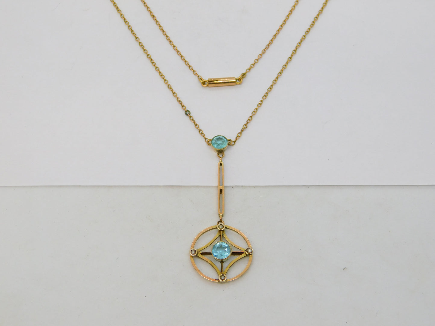 Edwardian 9ct Gold, Seed Pearl & Blue Stone Lavalier Drop Necklace Antique c1910