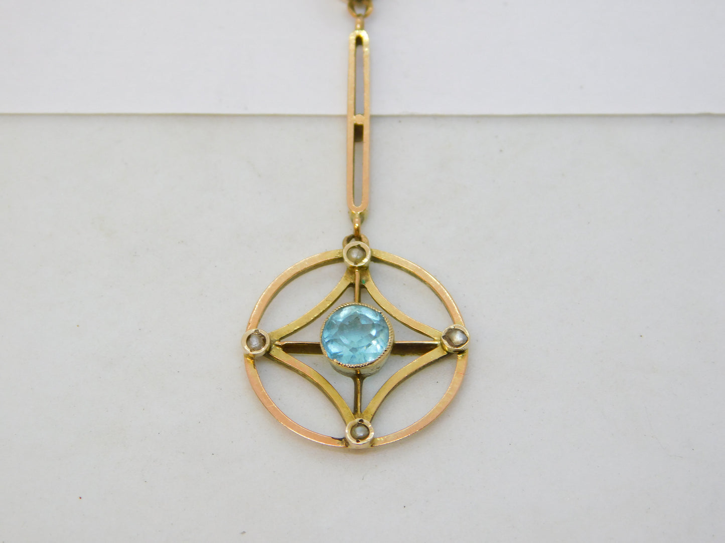 Edwardian 9ct Gold, Seed Pearl & Blue Stone Lavalier Drop Necklace Antique c1910