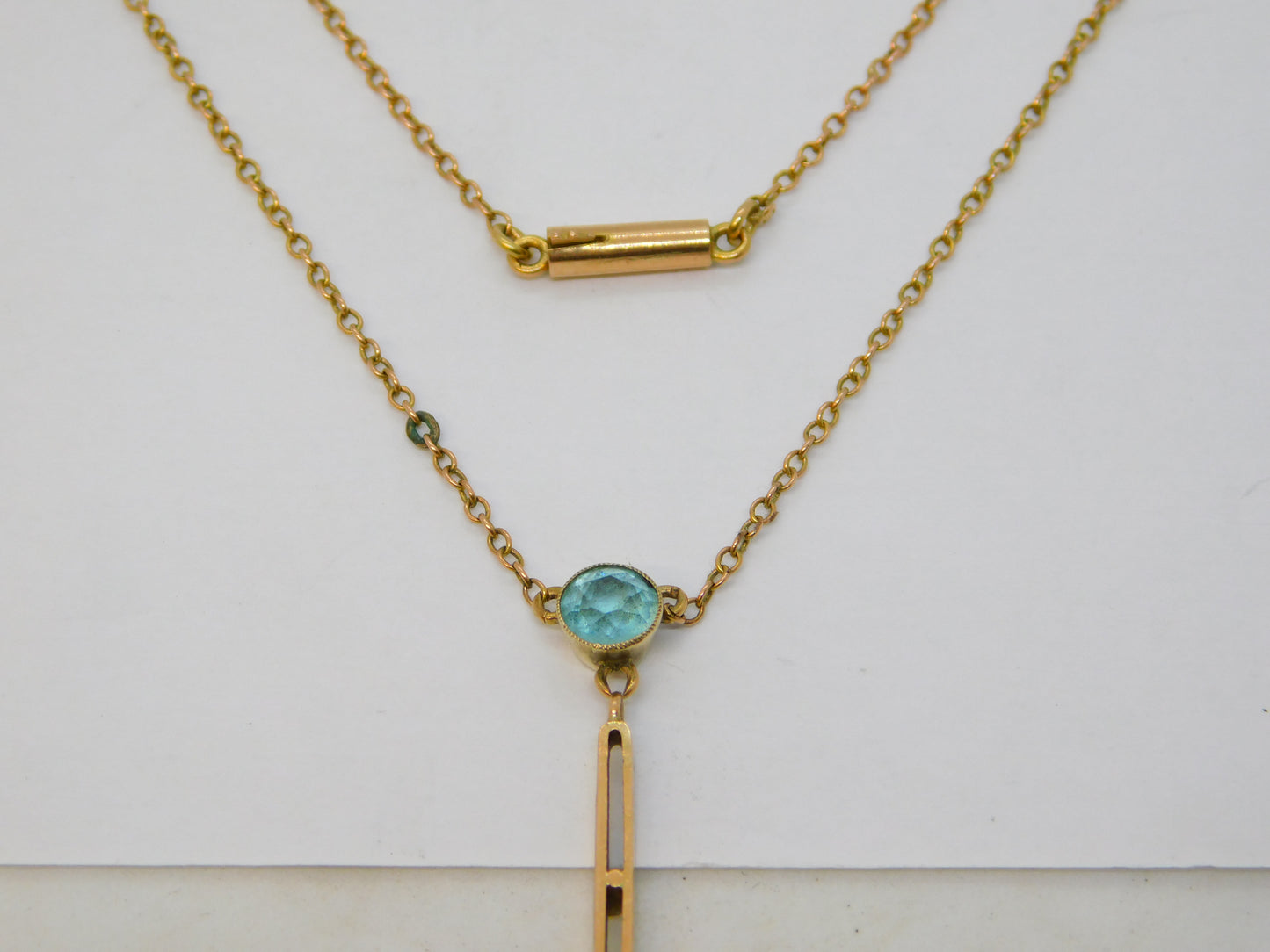 Edwardian 9ct Gold, Seed Pearl & Blue Stone Lavalier Drop Necklace Antique c1910