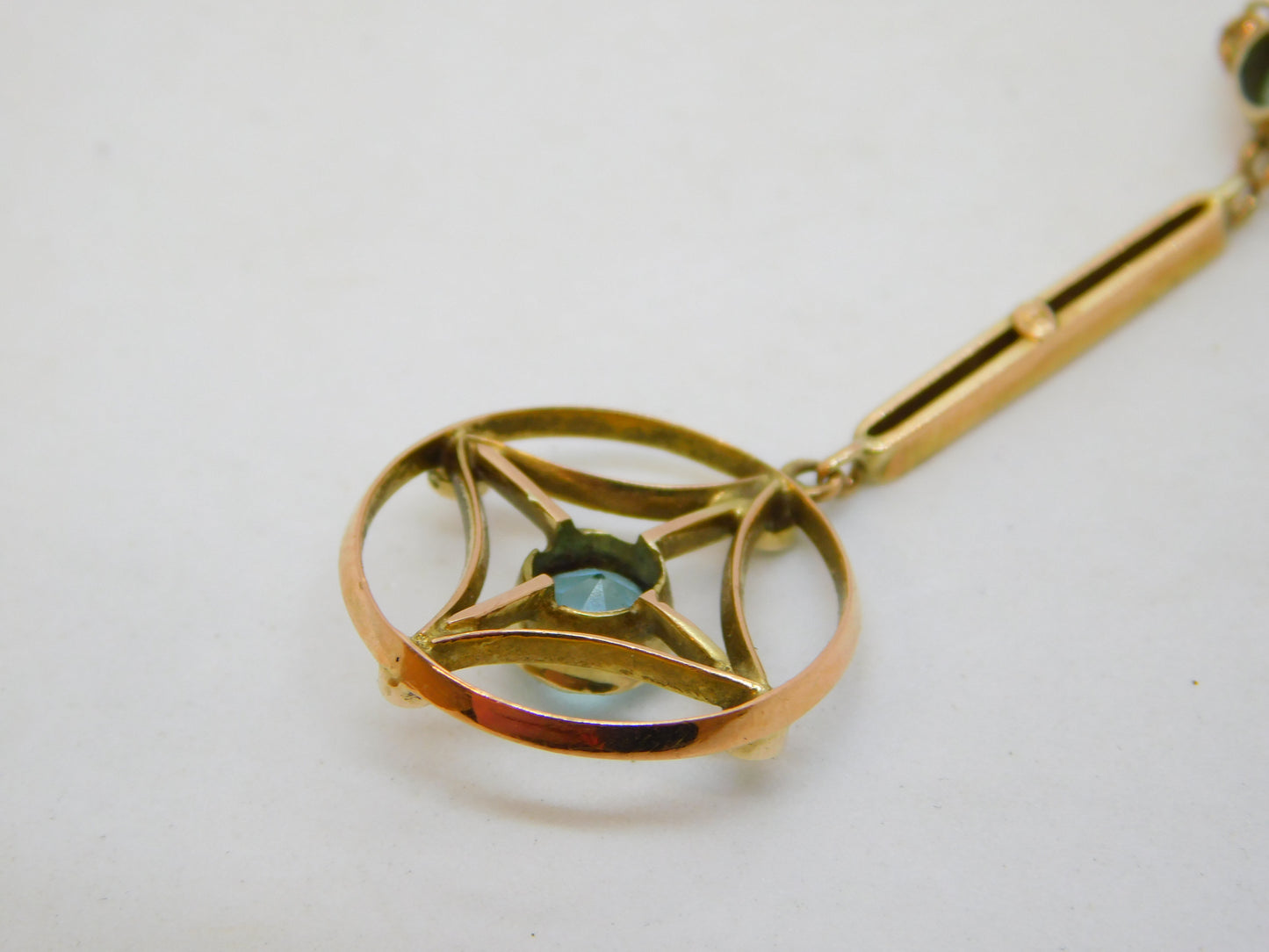 Edwardian 9ct Gold, Seed Pearl & Blue Stone Lavalier Drop Necklace Antique c1910