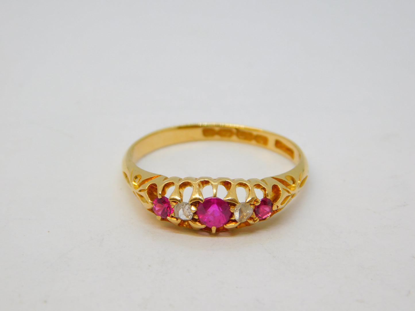 Victorian 18ct Gold, Ruby & Diamond Boat Ring Antique 1864 Birmingham