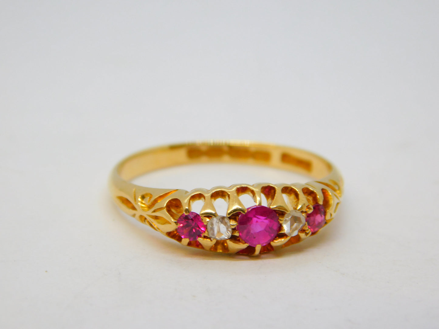 Victorian 18ct Gold, Ruby & Diamond Boat Ring Antique 1864 Birmingham