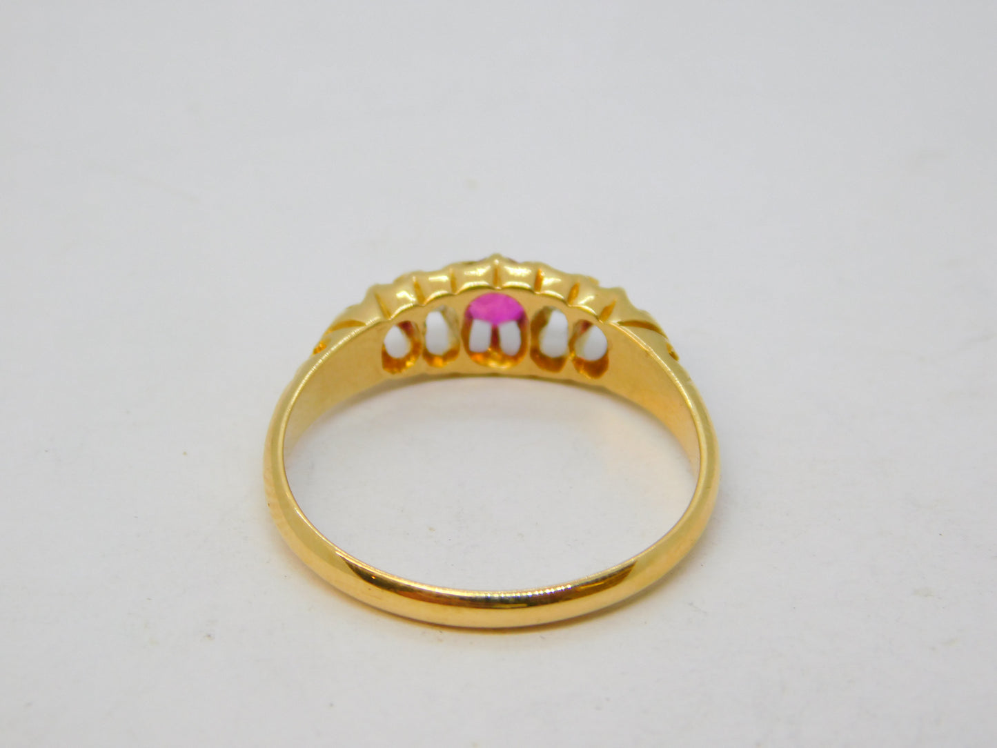 Victorian 18ct Gold, Ruby & Diamond Boat Ring Antique 1864 Birmingham