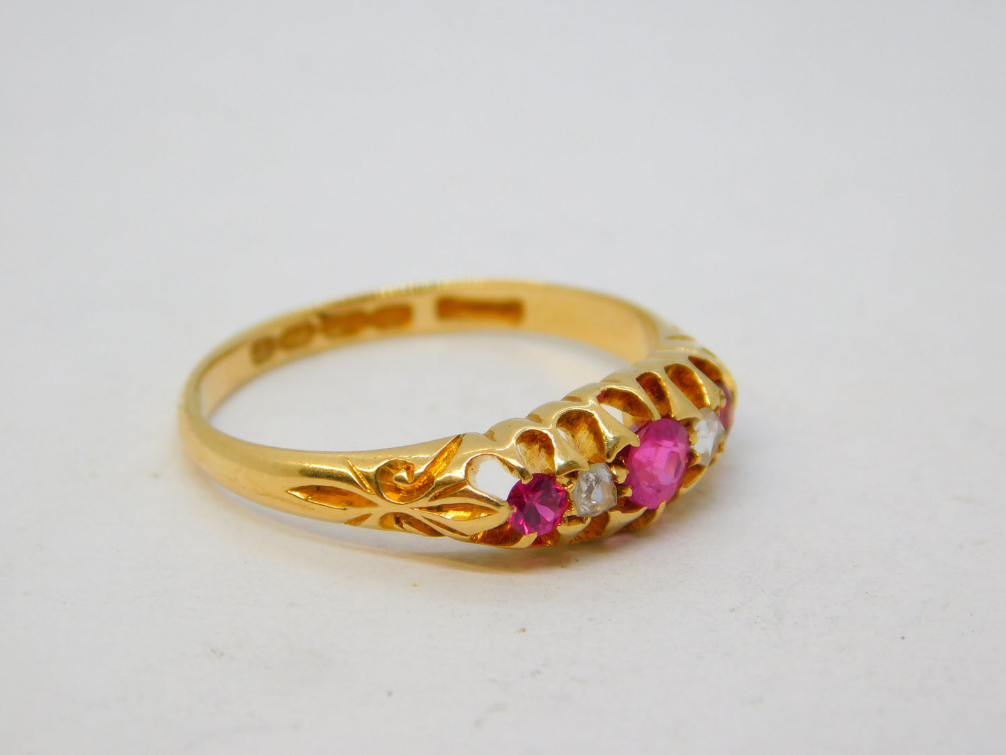 Victorian 18ct Gold, Ruby & Diamond Boat Ring Antique 1864 Birmingham