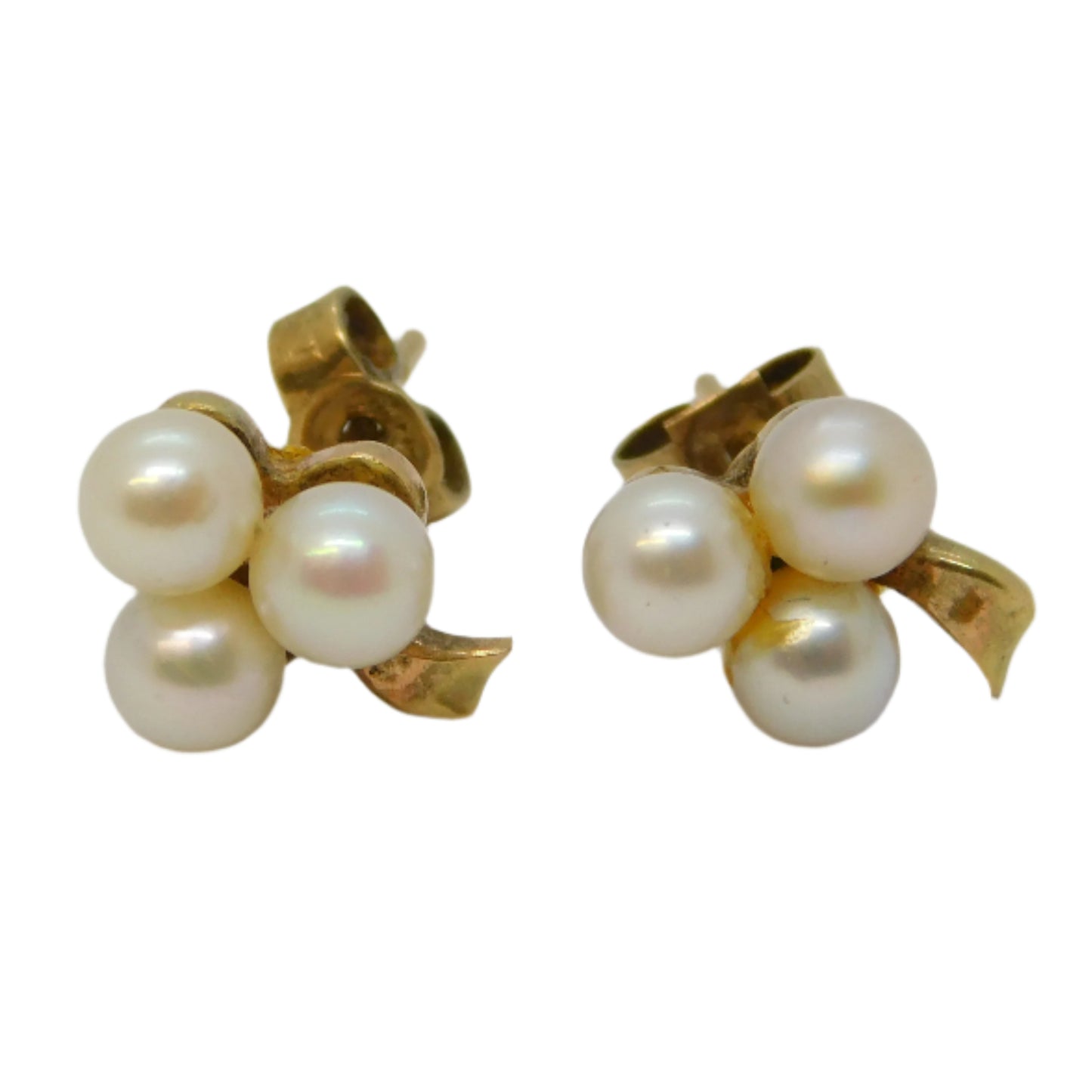 9ct Yellow Gold Cultured Pearl Shamrock Stud Earrings Vintage c1970