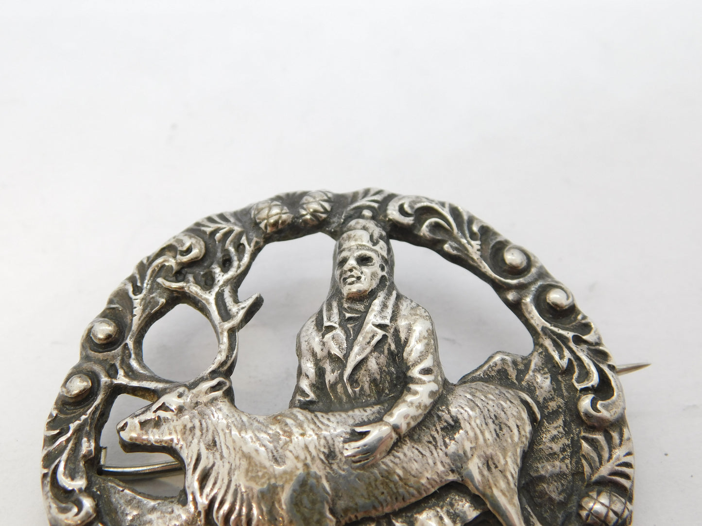Scandinavian .830 Silver Reindeer Herder Floral Brooch Vintage c1960