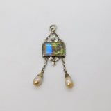Sterling Silver, Butterfly Wing, Cultured Pearl Shamrock Drop Pendant Antique c1920