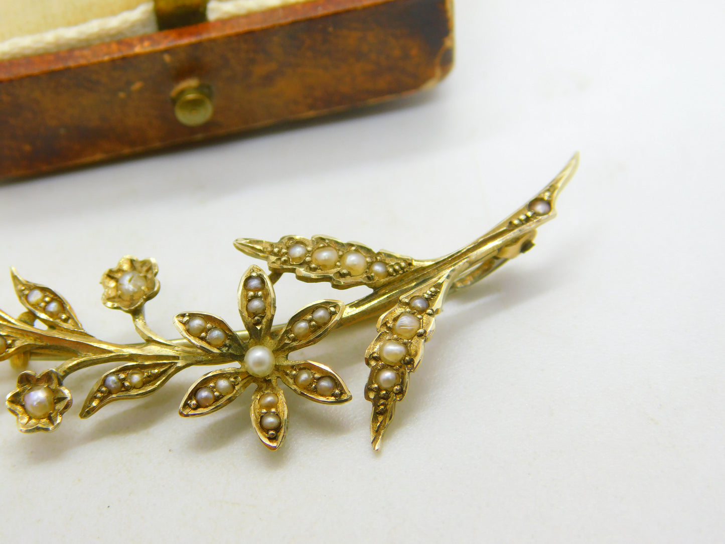 Edwardian 9ct Yellow Gold Seed Pearl Set Spring Flower Brooch Antique c1910