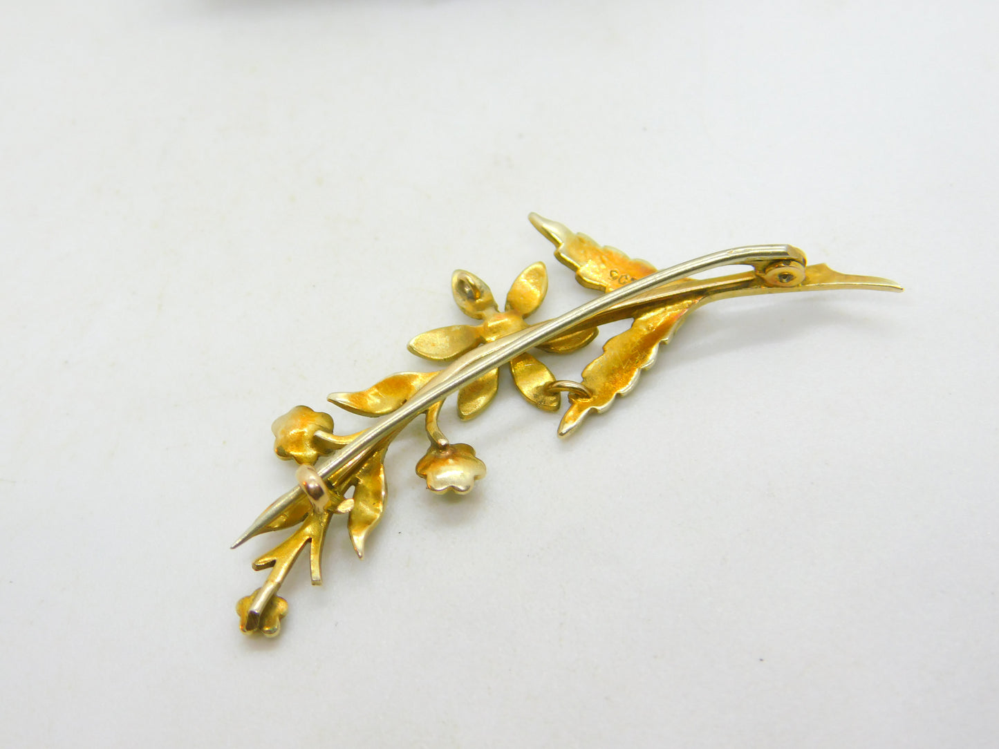 Edwardian 9ct Yellow Gold Seed Pearl Set Spring Flower Brooch Antique c1910