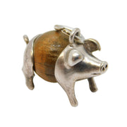 Sterling Silver & Oak Wood Set Pig Charm Pendant Vintage c1950
