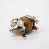 Sterling Silver & Oak Wood Set Pig Charm Pendant Vintage c1950