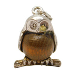 Sterling Silver & Oak Wood Set Perched Owl Charm Pendant Vintage c1950