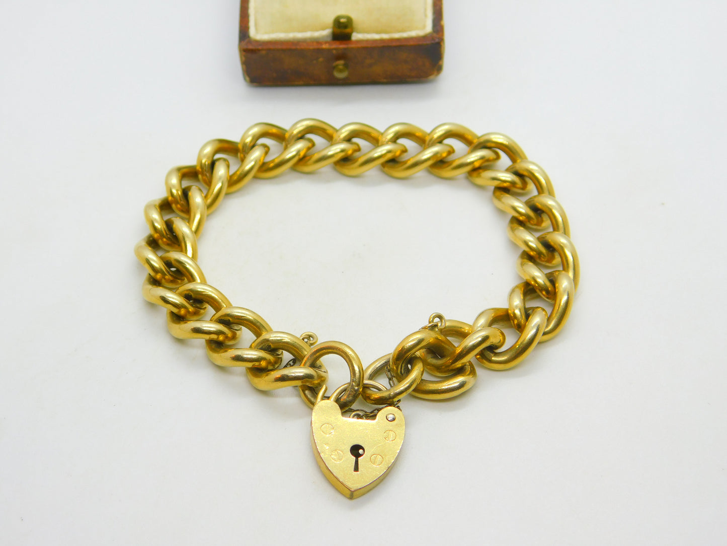 Chunky 9ct Rolled Gold Chain Charm Bracelet Heart Padlock Clasp Art Deco c1920