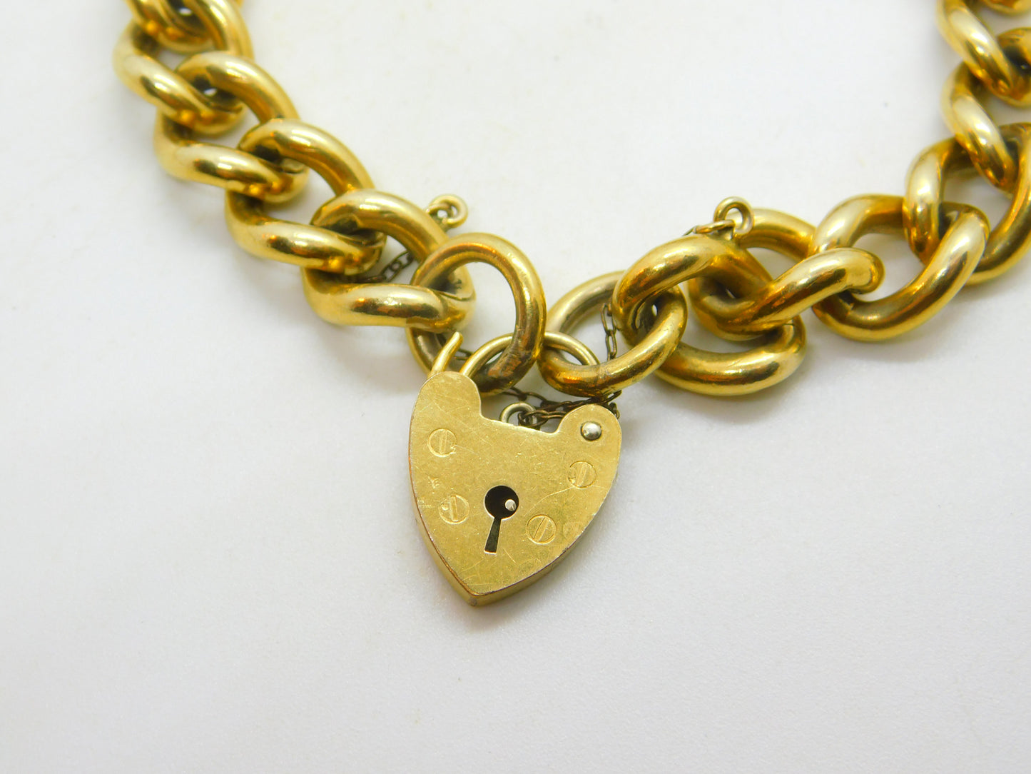 Chunky 9ct Rolled Gold Chain Charm Bracelet Heart Padlock Clasp Art Deco c1920