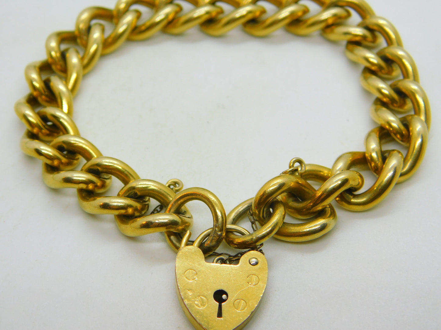 Chunky 9ct Rolled Gold Chain Charm Bracelet Heart Padlock Clasp Art Deco c1920
