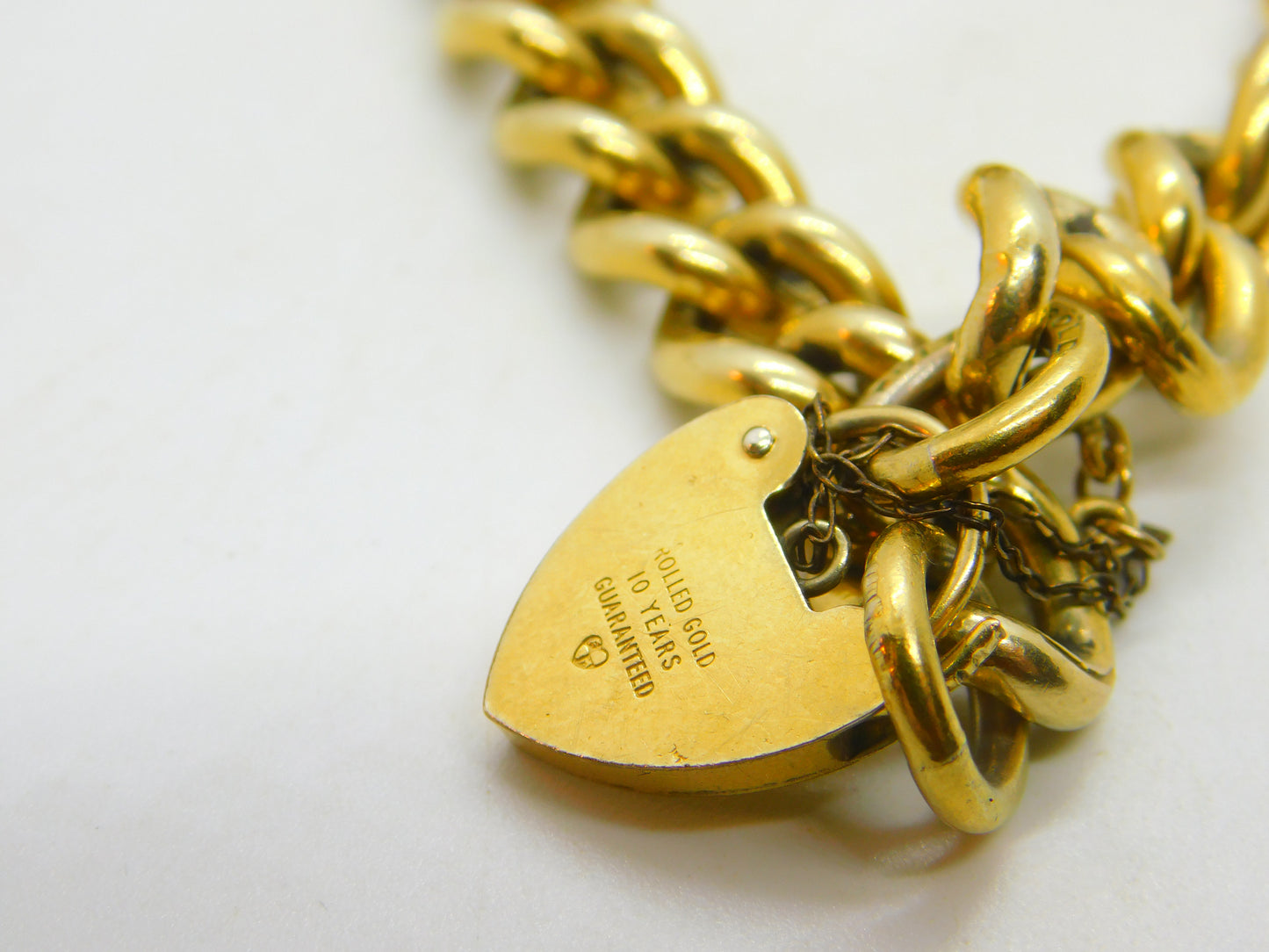 Chunky 9ct Rolled Gold Chain Charm Bracelet Heart Padlock Clasp Art Deco c1920