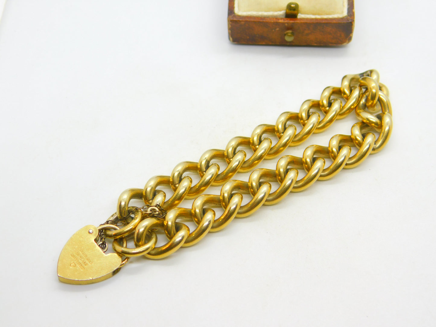 Chunky 9ct Rolled Gold Chain Charm Bracelet Heart Padlock Clasp Art Deco c1920