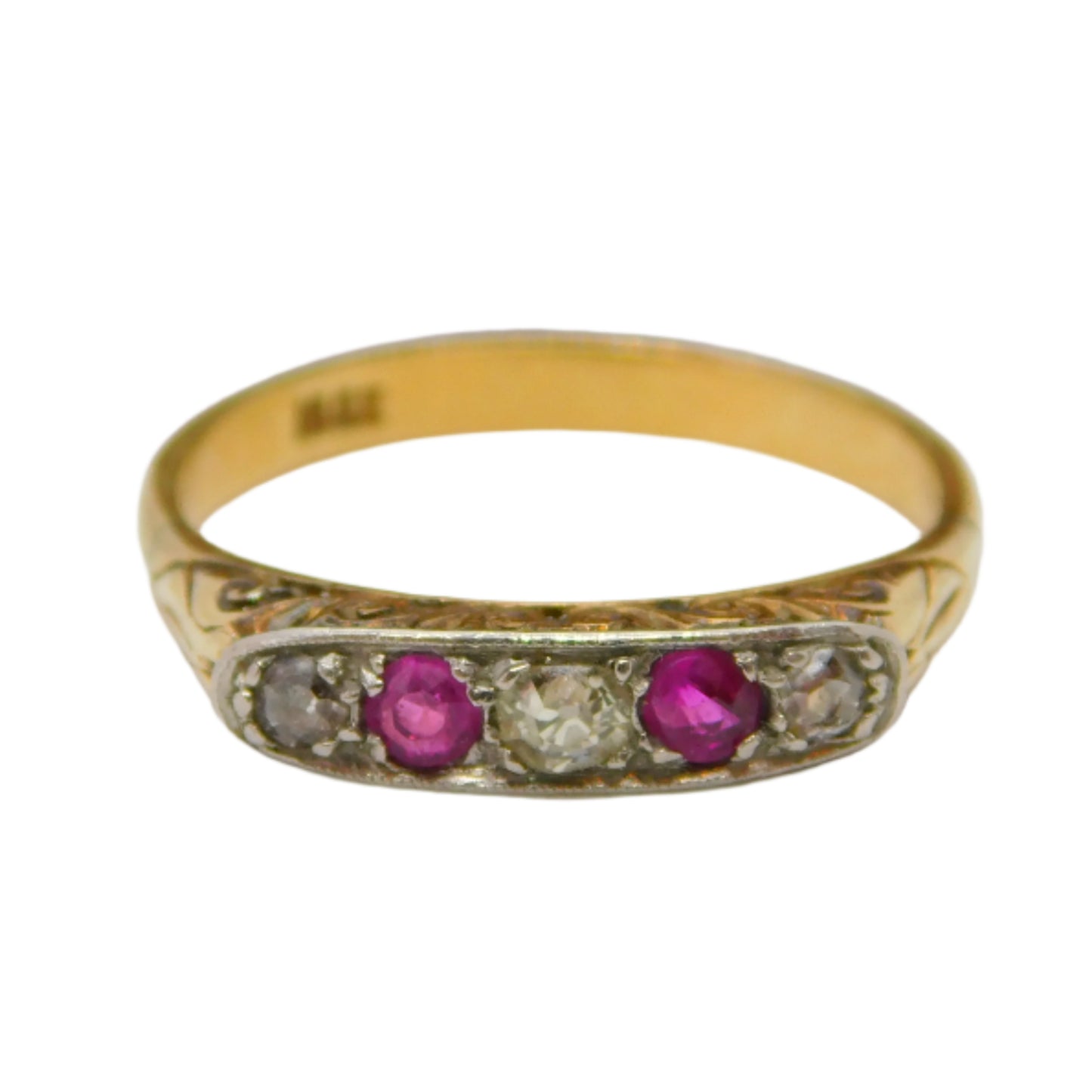 Victorian 18ct Yellow Gold, Diamond & Ruby Boat Ring Antique c1890