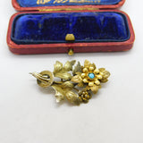 Victorian 9ct Yellow Gold, Turquoise Set Floral Sweetheart Brooch c1880 Antique