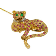 9ct Yellow Gold, Ruby, Diamond, Emerald Sitting Panther Brooch Vintage 1989 London