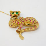9ct Yellow Gold, Ruby, Diamond, Emerald Sitting Panther Brooch Vintage 1989 London