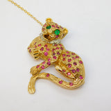 9ct Yellow Gold, Ruby, Diamond, Emerald Sitting Panther Brooch Vintage 1989 London