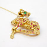 9ct Yellow Gold, Ruby, Diamond, Emerald Sitting Panther Brooch Vintage 1989 London