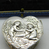 Victorian Dutch 800 Silver Heart Shaped Cupid Form Trinket Box Antique c1900