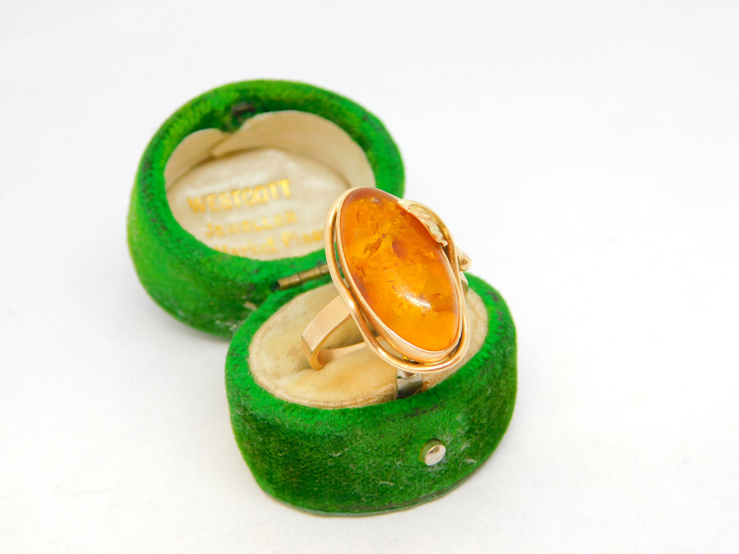 14ct Yellow Gold & Cabochon Amber Floral Dress Ring Vintage c1970