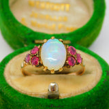 Victorian 9ct Rose Gold, White Opal & Ruby Set Dress Ring Antique c1900