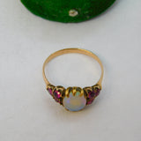 Victorian 9ct Rose Gold, White Opal & Ruby Set Dress Ring Antique c1900