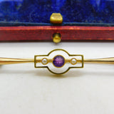 15ct Yellow Gold, Seed Pearl & Amethyst Sweetheart Brooch c1910 Antique