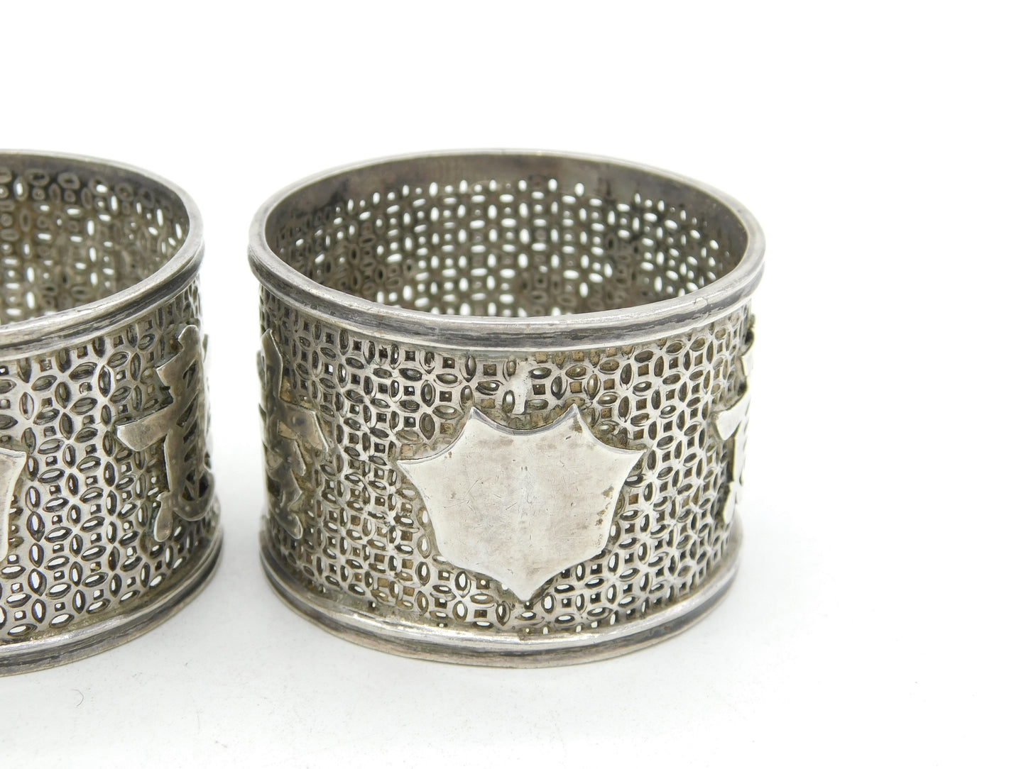 19th Century Pair of Chinese Sterling Silver Character Napkin Rings Antique c1880