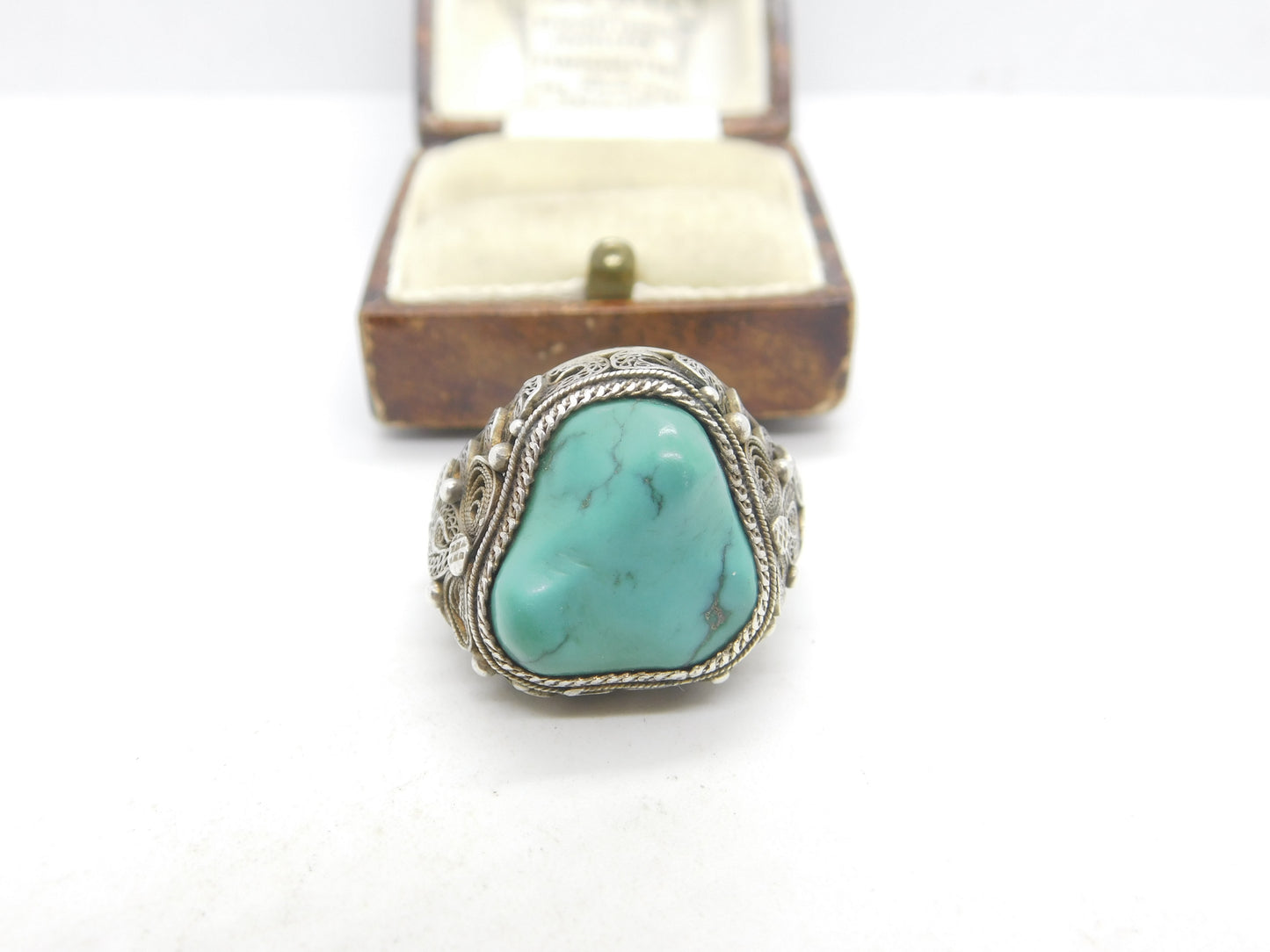 Chinese Export Sterling Silver & Turquoise Statement Ring Vintage c1960