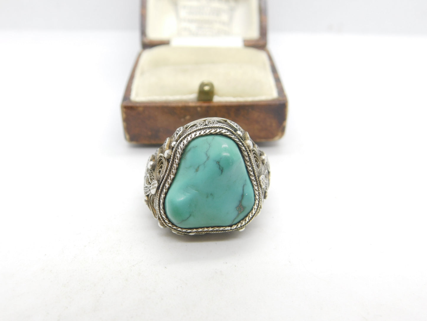 Chinese Export Sterling Silver & Turquoise Statement Ring Vintage c1960