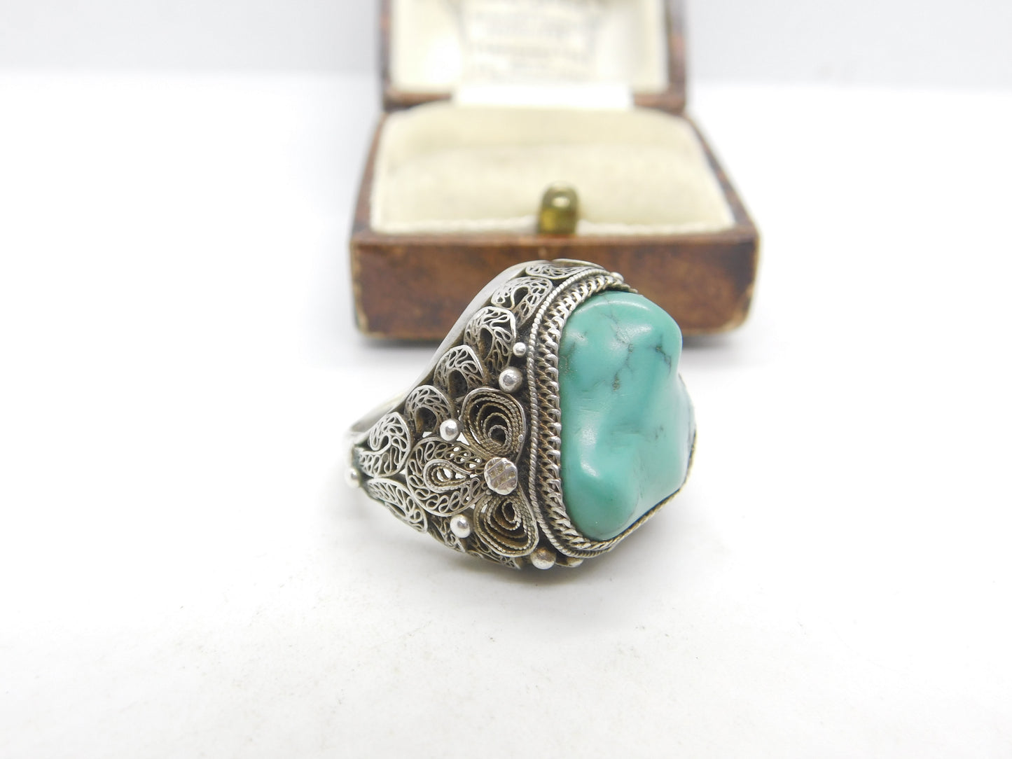 Chinese Export Sterling Silver & Turquoise Statement Ring Vintage c1960