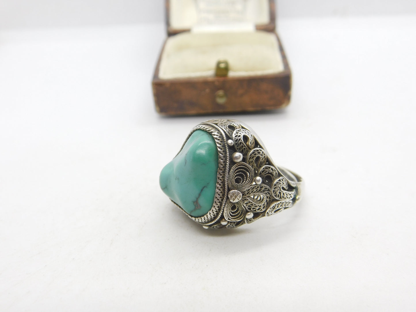 Chinese Export Sterling Silver & Turquoise Statement Ring Vintage c1960