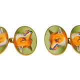 Victorian Boxed 18ct Yellow Gold & Enamel Fox Mask Gents Cufflinks Antique c1880