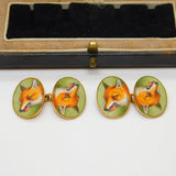 Victorian Boxed 18ct Yellow Gold & Enamel Fox Mask Gents Cufflinks Antique c1880
